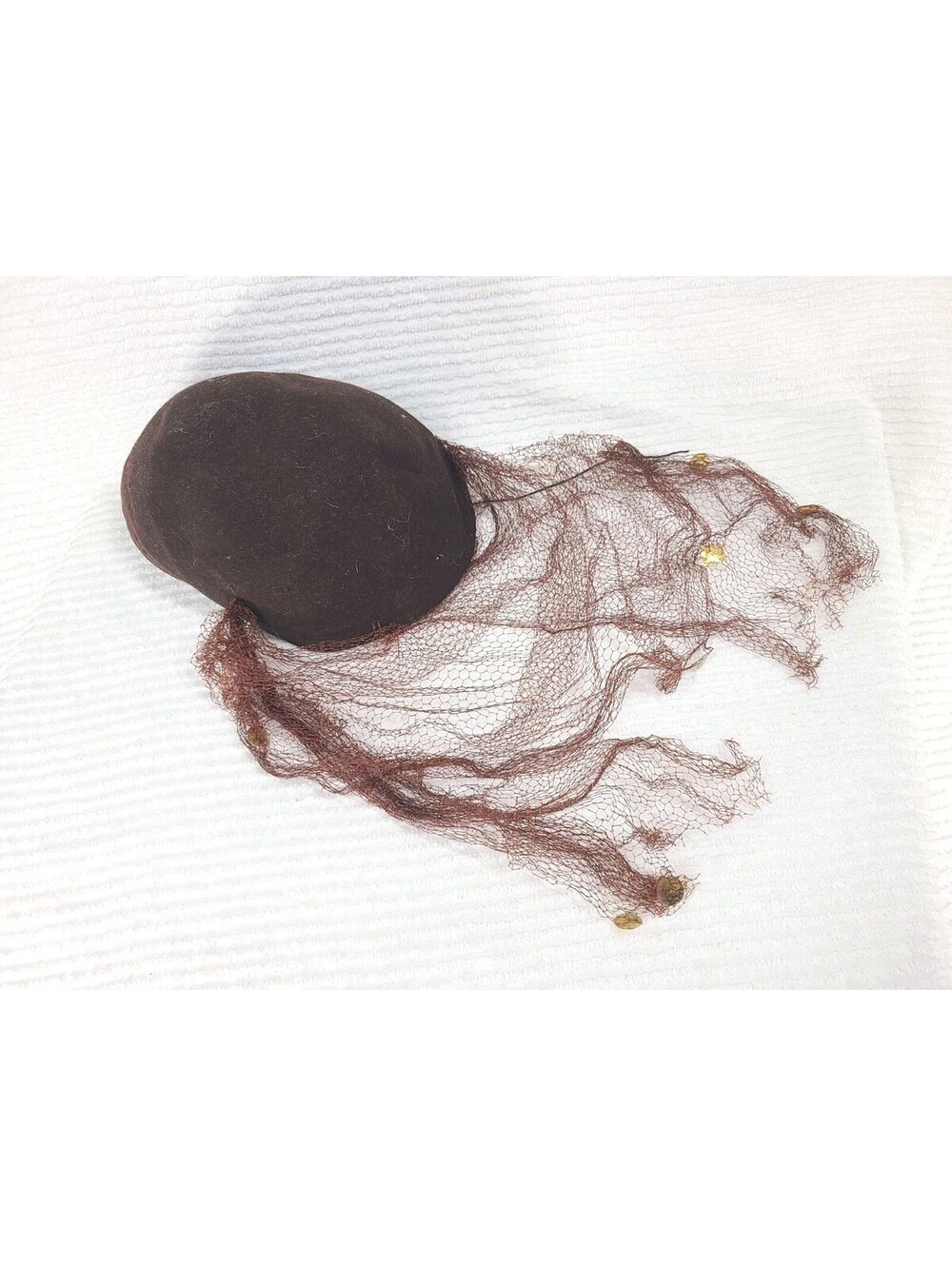 Vintage 1950s Hat Brown Felt Bronze Sequins Mesh Veil Pinup Retro Union Tag